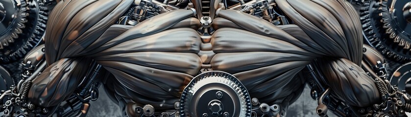 Surreal poster with muscles depicted as mechanical gears and pistons, symbolizing strength and movement, ideal for innovative gyms