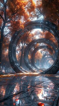 Futuristic park with metal structures and autumn trees