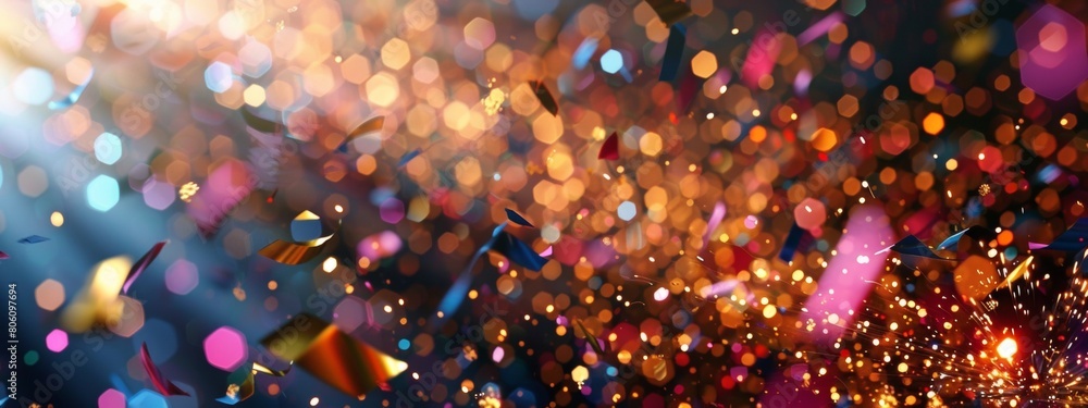 Poster geometric shapes and confetti on the background of light rays. abstract illustration with a blurred 