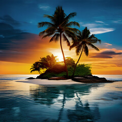 image of an island with palm tree,a photo of a tropical island with palm trees and sunset blue sky sea generate ai