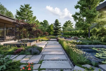 Obraz premium Modern Zen Garden with Stepping Stones and Plants