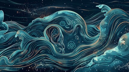 Surreal poster with an ear merging into ocean waves, representing the concept of sound and the environment, ideal for artistic spaces