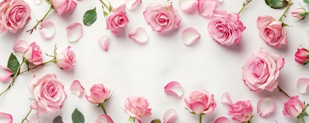 Close up of blooming pink roses flowers and petals isolated on white table background. Floral frame composition. Decorative web banner. Empty space, flat lay, top view.
