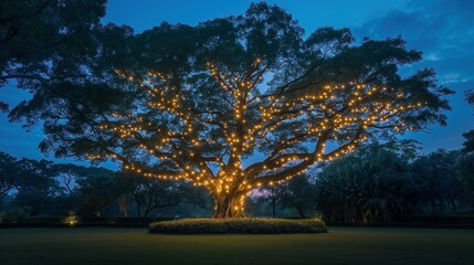 Large tree with lights at blue hour, AI-generative