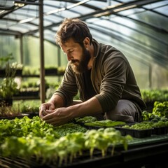 Male greenhouse worker inspecting young plants