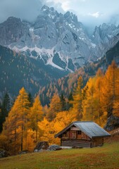 Small wooden house in the mountains during autumn