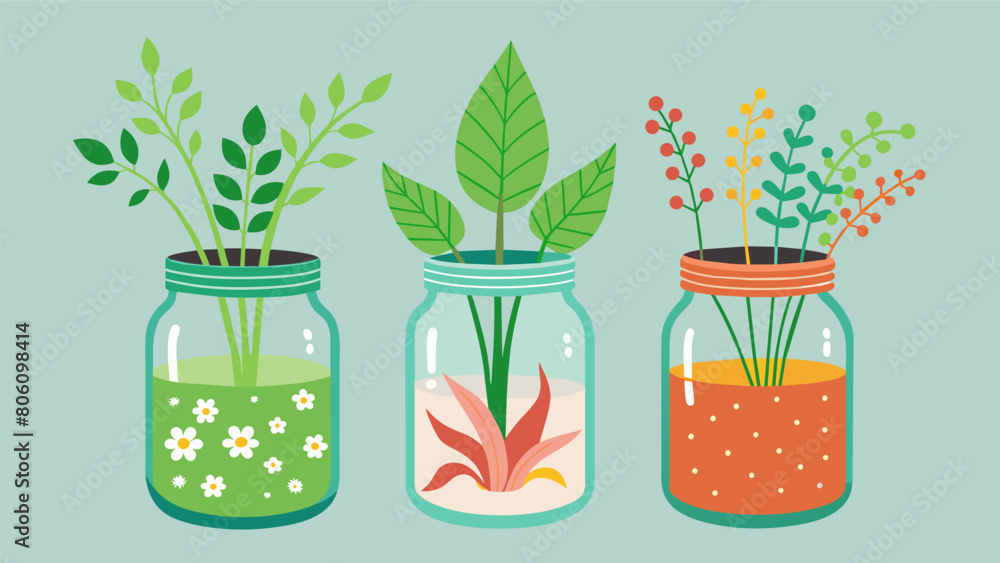 Poster a set of handpainted upcycled mason jar planters for a touch of greenery.. vector illustration