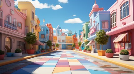 Fototapeta premium A colorful 3D rendering of a street with mismatched buildings and a blue sky