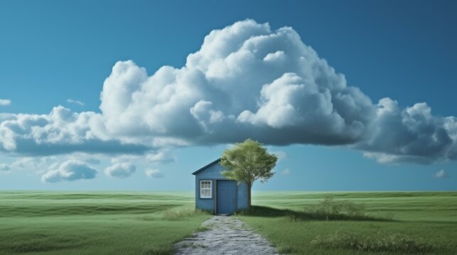 Small blue house in a vast green field under a big white cloud
