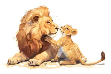 A lion and his cub in a cute cartoon style 