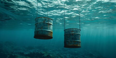 Two rusty oil barrels hanging in the deep blue ocean