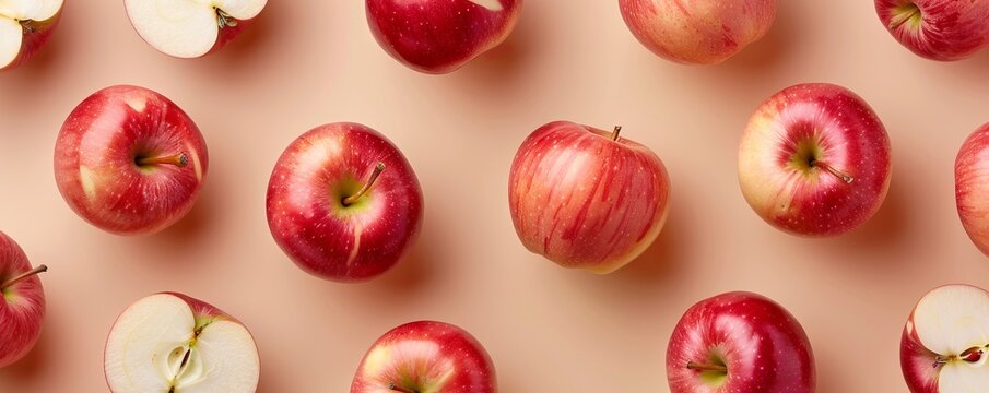 Creative pattern made of apple on beige background. Flat lay.