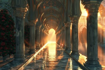fantasy palace with water and sunlight