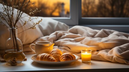 Cozy bedroom with croissants, coffee, and a candle