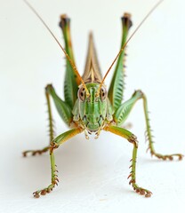 A green katydid on a white background