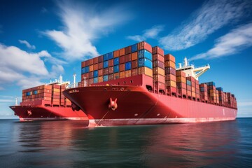 Cargo ship at sea with colorful containers - obrazy, fototapety, plakaty