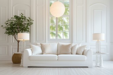 Elegant white living room interior with sofa and stylish decor