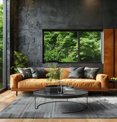 modern living room interior with brown leather sofa, black coffee table and window with trees outside, mock up wall for artwork or poster