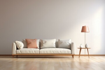 A sofa in a living room with a pink pillow and a floor lamp