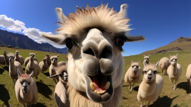 A llama stands in a field of llamas