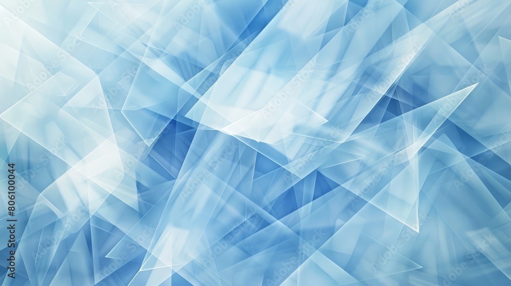 Poster modern abstract blue background design with layers of textured white transparent material in triangle diamond and squares shapes in random geometric pattern hyper realistic 