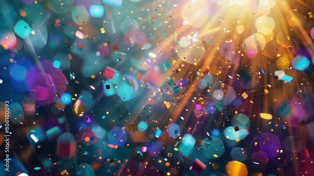 Poster geometric shapes and confetti on the background of light rays. abstract illustration with a blurred 