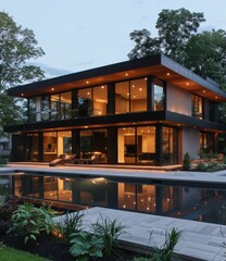 Black Modern House Exterior With Pool