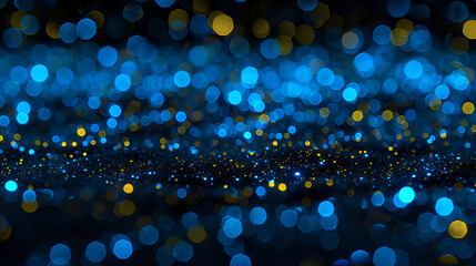  blue and gold particles. Bokeh background, Abstract blur black bokeh background, Texture, pattern, background Gaussian blur, Out of focus. Bright colored spots, convenient for the designer