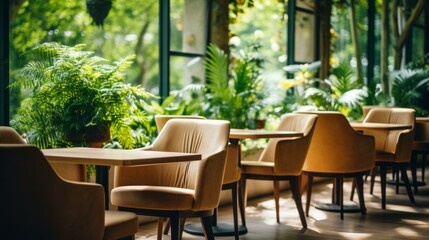 Modern restaurant interior with green plants