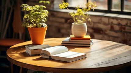 An open book on a table with a potted plant in the background