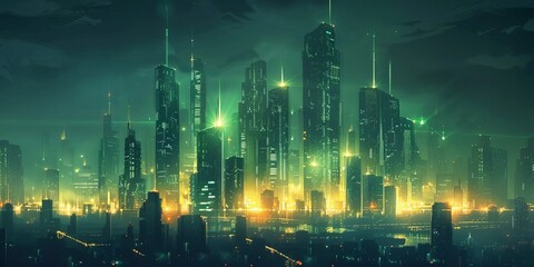 futuristic night eco friendly city with glowing lights and tall unusual shaped buildings