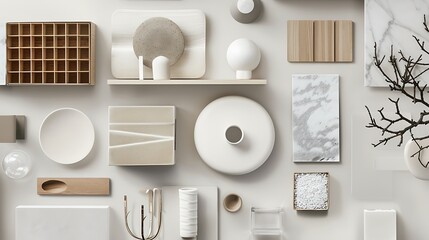 A curated collection of decorative items arranged with precision on a white background, embodying minimalist elegance.
