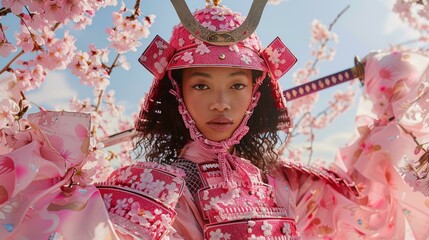 Obraz premium A Modern Geisha Warrior Posing Under Cherry Blossoms