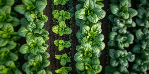 Rows of green mustard greens growing in a field