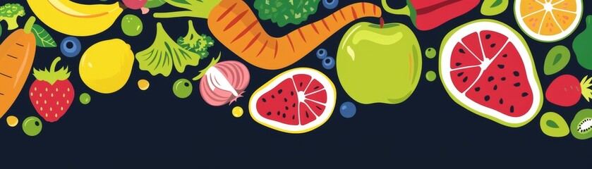 Health and diet themed poster, showing a healthy stomach with fruits and vegetables around it, educational and vibrant for kitchens