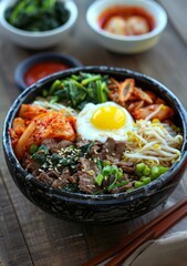Korean Food, Bibimbap with Beef and Kimchi