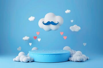 Father's day banner for product demonstration. Blue pedestal or podium with mustache, cloud and flying hearts on blue background 