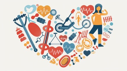 Fitness and health poster featuring a heart with different sports equipment integrated into the design, motivational and bright