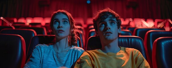 Fototapeta premium Young couple watching a scary horror movie in a movie theater