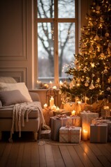 Cozy living room with Christmas tree and presents