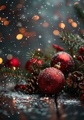 Red and white Christmas ornaments with a snowy background