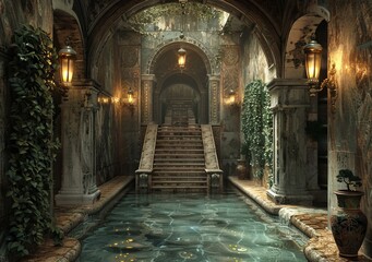 fantasy corridor with water and stairs