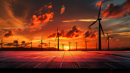 clean energy concept, photovoltaic panels and wind turbines in the light of the rising sun
