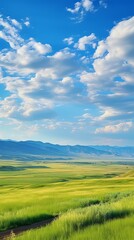 Obraz premium Green rolling hills under a blue sky with white clouds