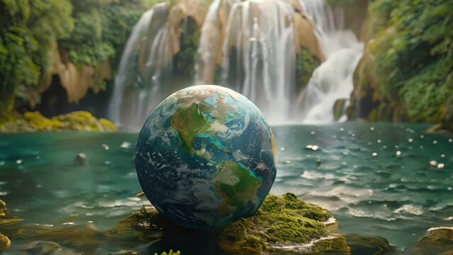Celebrate Earth Day with a globe and lush waterfall background.