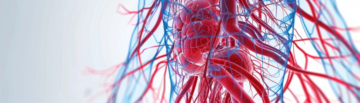 Detailed educational poster of the human circulatory system, showing arteries, veins, and capillaries, labeled for medical training