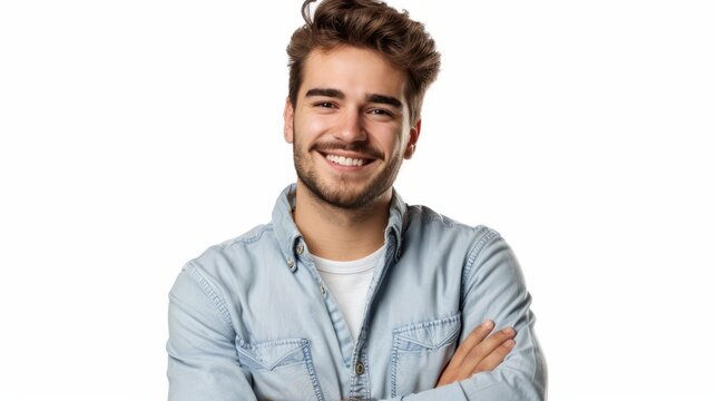 Portrait of handsome smiling young man with folded arms isolated transparent PNG, Joyful cheerful casual businessman with crossed hands studio shot hyper realistic 