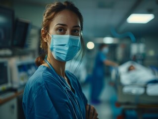 Portrait of a confident female doctor wearing a mask standing in a hospital