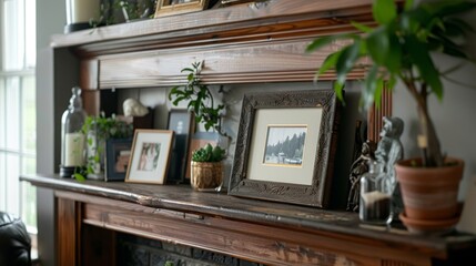 Positioned on a mantel shelf with family photos, Personalization, Texture Contrast, The frame is placed on a mantel shelf alongside family photos