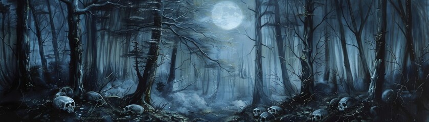 Artistic representation of bones in a mystical forest setting, dark tones with highlights of moonlight, perfect for gothic decor